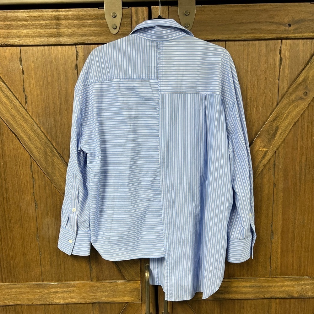 Zara Oversized Long Sleeve Cotton Stripped Button Up Asymmetrical Blouse Size XS - Picture 3 of 5